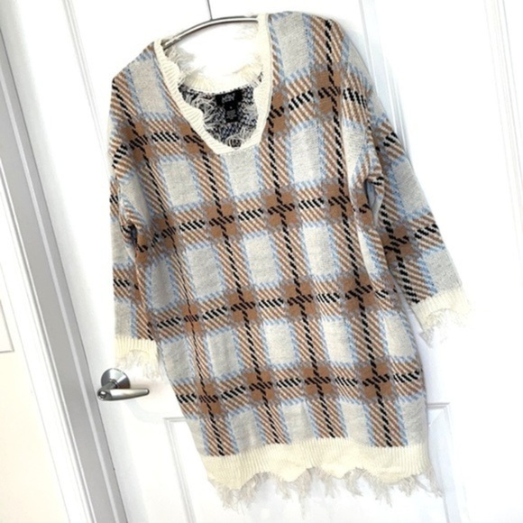 FOREVER 21 | NWT Oversized Women’s Plaid Cream/Taupe Knit Dress Size S - Picture 3 of 9